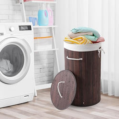 The Better Home Bamboo Basket With Lid | Foldable Laundry Basket For Clothes | Durable Rope Handles & Removable Bag (Brown- Set of 3)