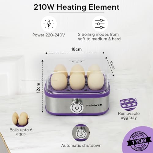 Electric Egg Boiler - 6 Egg Capacity, Fast Cooking, Water Measuring Cup, 210W, Purple & Stainless Steel