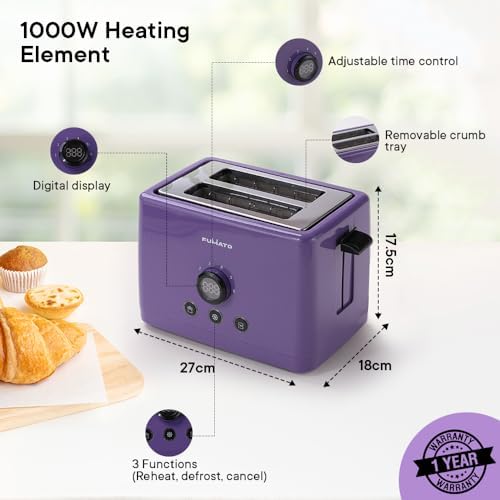 The Better Home FUMATO 1000 Watt 2 Slice Pop-up Toastmate Toaster & Stainless Steel Water Bottle 1 Litre Pack of 5 Purple