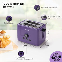 The Better Home FUMATO 1000 Watt 2 Slice Pop-up Toastmate Toaster & Stainless Steel Water Bottle 1 Litre Pack of 3 Purple