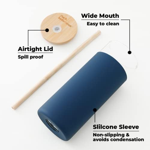 Pack of 2: Borosilicate Glass Tumblers - Leak & Sweat Proof | Bamboo Straw & Lid | 450ml | Navy Blue