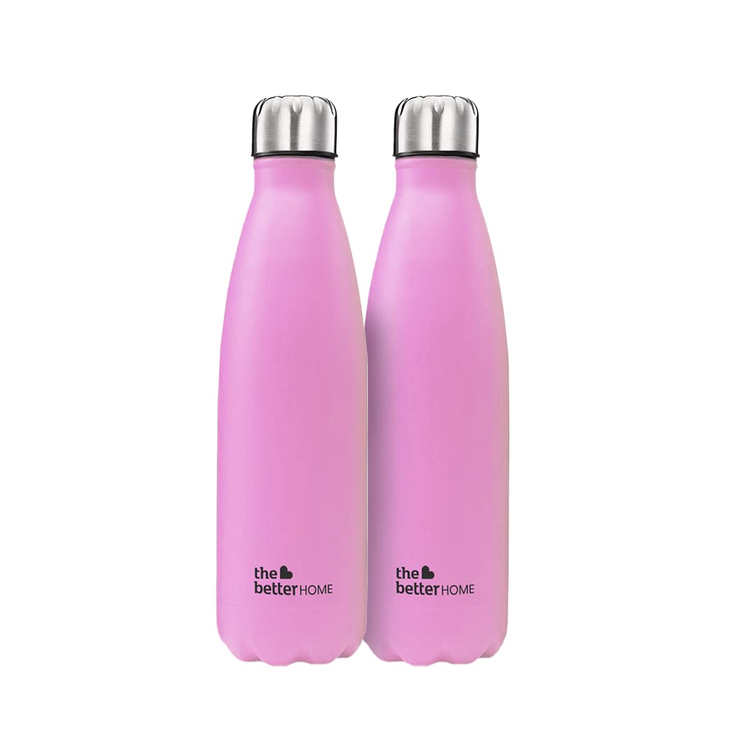 The Better Home Pack of 2 1000 ml Each Thermosteel Bottle | Doubled Wall 304 SS | Hot for 18 Hrs & Cold for 24 Hrs | Rustproof & Leakproof | Insulated Water Bottles for Office, Camping, Travel (Pink)