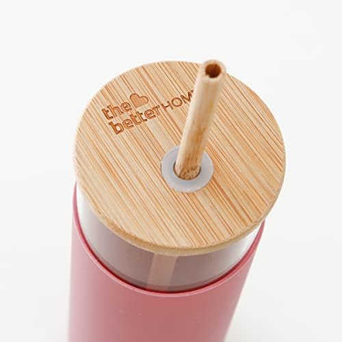 The Better Home Borosilicate Glass Tumbler with Lid and Straw 450ml | Water & Coffee Tumbler with Bamboo Straw & Lid | Leak & Sweat Proof | Durable Travel Coffee Mug with Lid (Fuscia-Pack of 2)