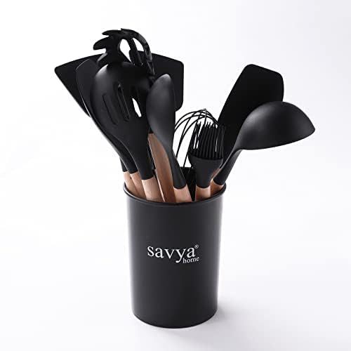 The Better Home Tall Jars 1000ml (Pack of 6) Food Jars & Containers|Food Storage For Kitchen & Savya-12 Piece Kitchen Utensils Set (Black)-Silicone with wooden Handle..fg |Pack and Store Combo