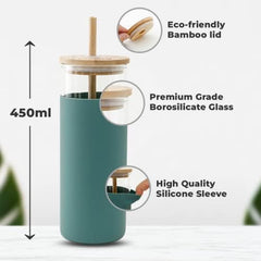 The Better Home Borosilicate Glass Tumbler with Lid and Straw 450ml | Water & Coffee Tumbler with Bamboo Straw & Lid | Leak & Sweat Proof | Durable Travel Coffee Mug with Lid (Teal-Pack of 2)