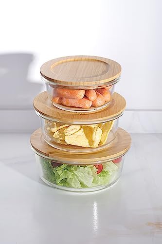 3-Piece Borosilicate Glass Food Container Set with Airtight Wooden Lids | Microwave & Freezer Safe | Clear