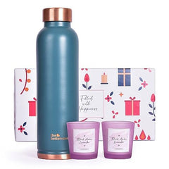 The Better Home Combo Pack|Gift Box Pack of 3 with Copper Bottle (Teal, 1 LTR) & 2 Candles (Black Amber Lavender, 60gm)|Rakhi Gift for Brother, Rakhi Gift for Sister, Dry Fruits Gift Pack