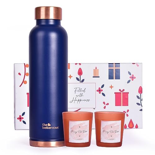 The Better Home Gift Set for Housewarming, Diwali | Gift Box Pack of 3 with Copper Bottle (Blue, 1 LTR) & 2 Candles (60gm) | Gift for Housewarming, Secret Santa Gifts