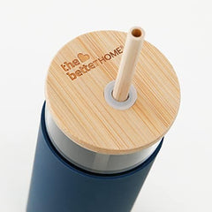 The Better Home Borosilicate Glass Tumbler with Lid and Straw 450ml | Water & Coffee Tumbler with Bamboo Straw & Lid | Leak & Sweat Proof | Durable Travel Coffee Mug with Lid (Navy Blue-Pack of 2)