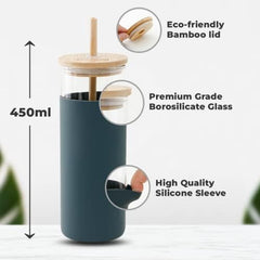 The Better Home Borosilicate Glass Tumbler with Lid and Straw 450ml | Water & Coffee Tumbler with Bamboo Straw & Lid | Leak & Sweat Proof | Durable Travel Coffee Mug with Lid (Dark Grey- Pack of 2)