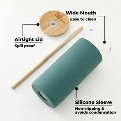 The Better Home Borosilicate Glass Tumbler with Lid and Straw 450ml | Water & Coffee Tumbler with Bamboo Straw & Lid | Leak & Sweat Proof | Durable Travel Coffee Mug with Lid (Teal-Pack of 2)