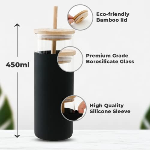 Pack of 2: Borosilicate Glass Tumblers - Leak Sweat Proof, Durable | Lid & Bamboo Straw | 450ml | Fuchsia-Black