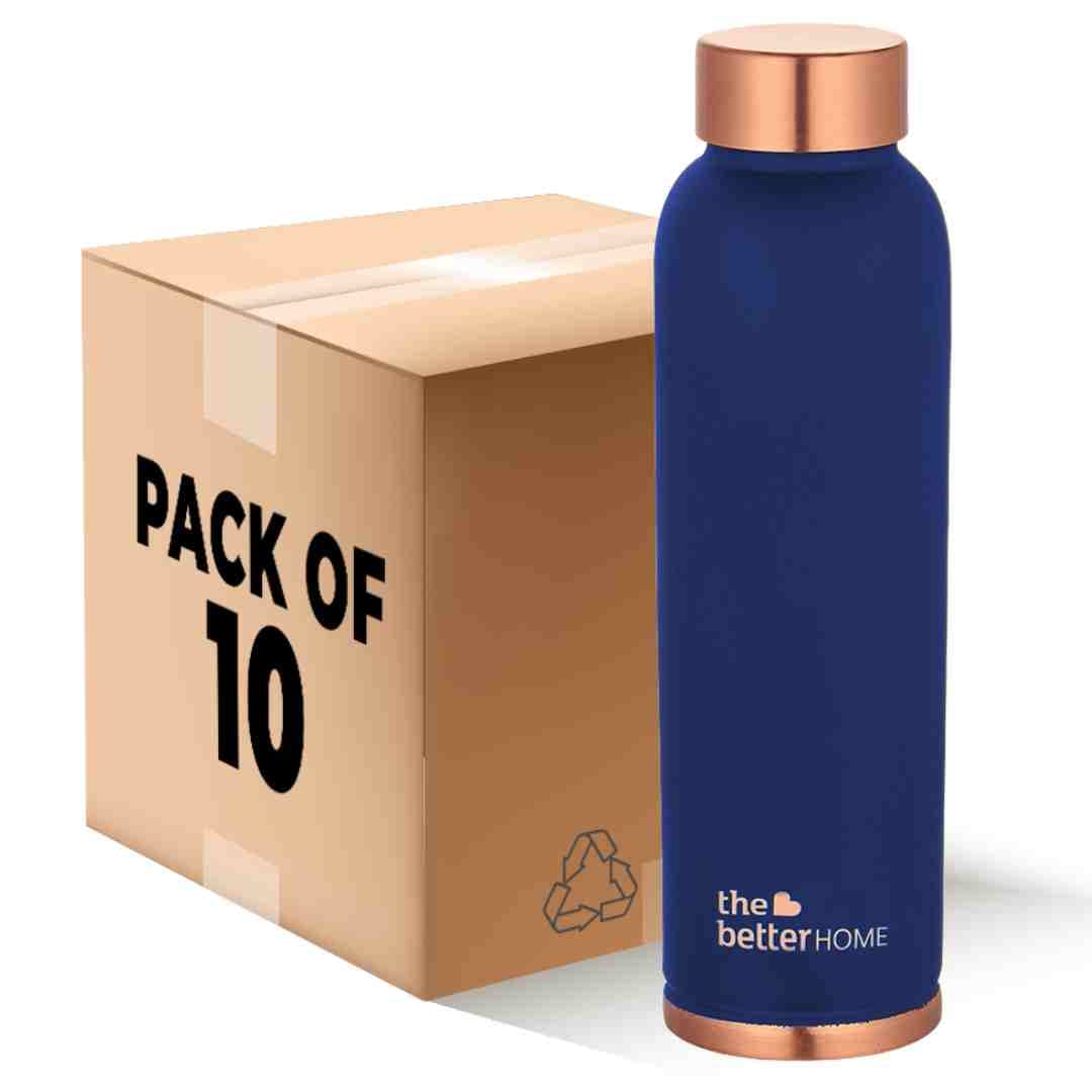 Pack of 10: Copper Water Bottles - BPA Free, Leak Proof | 1 Litre Capacity | Blue | Non Plastic