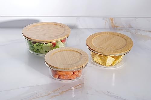 3-Piece Borosilicate Glass Food Container Set with Airtight Wooden Lids | Microwave & Freezer Safe | Clear