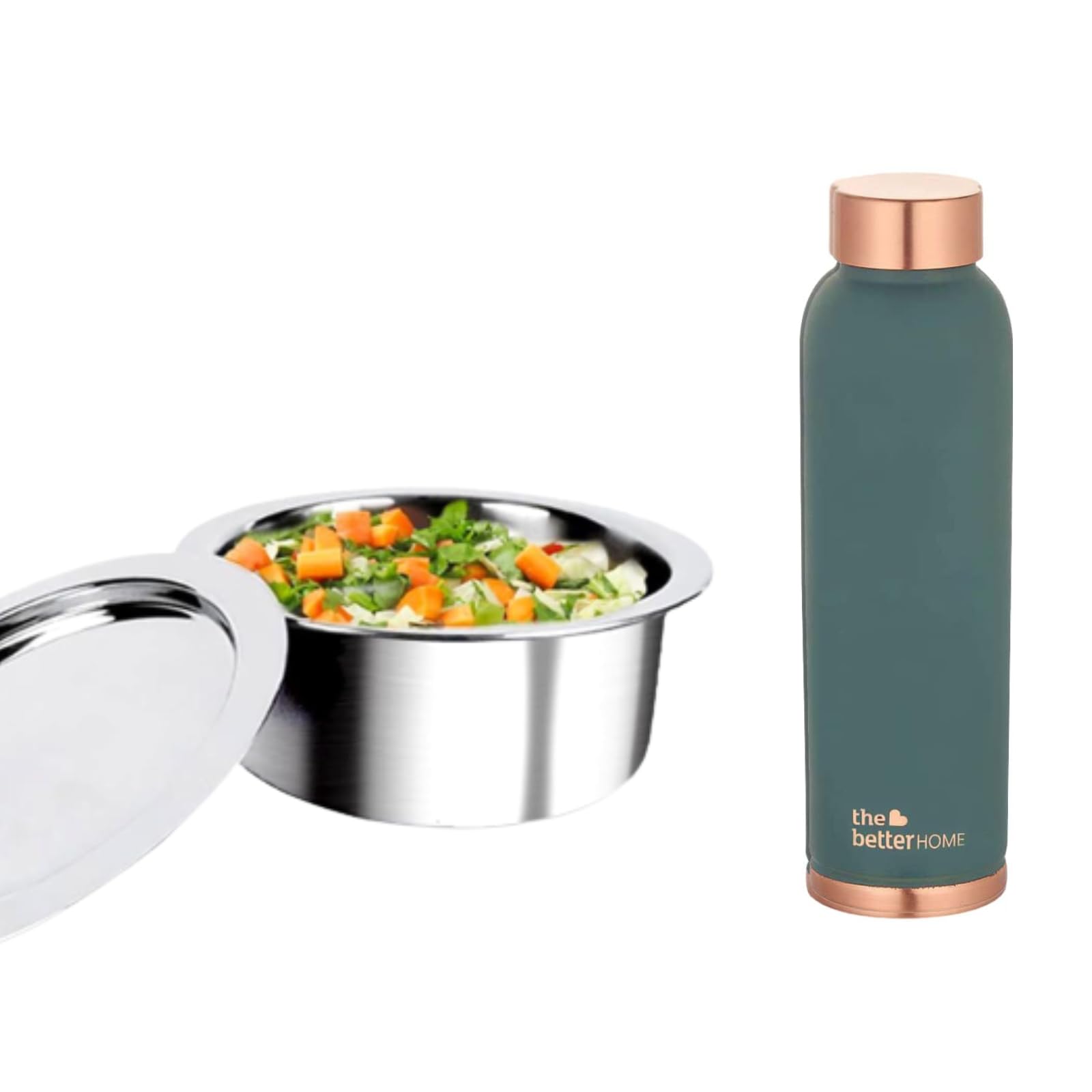 The Better Home 100% Pure Copper Water Bottle 1 Litre, Teal & Savya Home Triply Stainless Steel Tope with Lid, 16 cm (1.5 ltr)