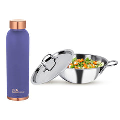 The Better Home 100% Pure Copper Water Bottle 1 Litre, Purple & Savya Home Triply Kadai with Stainless Steel Lid, 22cm (2.2 ltr)