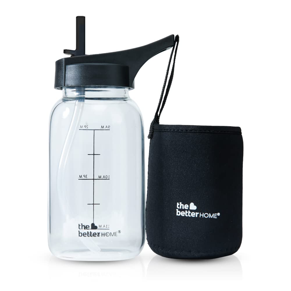 Borosilicate Sipper Water Bottle - Leak Proof, BPA Free, Anti Fragile | Cover Sleeve Included | 650ml | Black