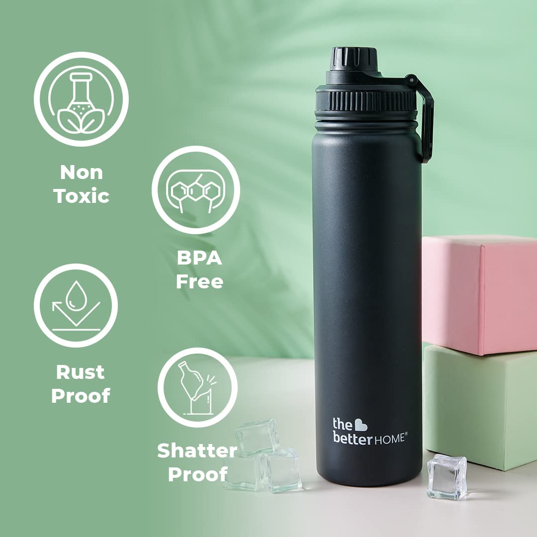 The Better Home 1000 Stainless Steel Insulated Water Bottle with Sipper (710ml) | Thermos Flask Sports Water Bottle | Hot and Cold Steel Water Bottle | Food Grade & BPA Free (Pack of 2, Black)