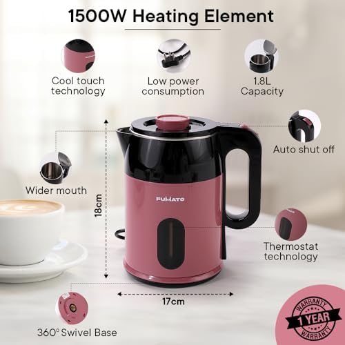 Combo: RapidHeat Pro Electric Kettle - 1.8L, Fast Boil, Stylish Design | 1L Beverage Bottle | Pink & Silver