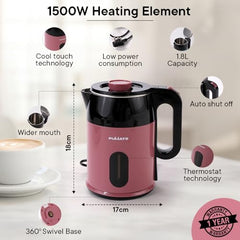 The Better Home FUMATO RapidHeat Pro Electric Kettle 1.8 L, Pink& Stainless Steel Water Bottle 1 Litre Silver