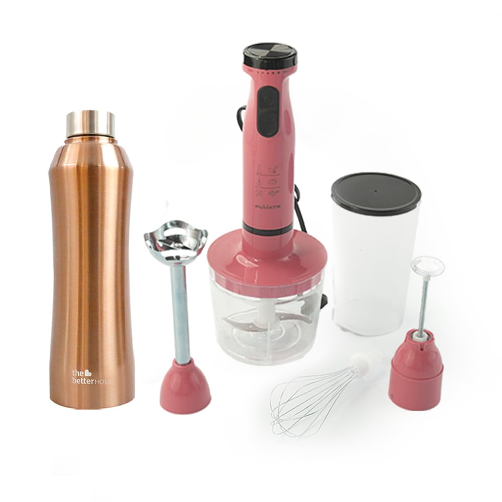 The Better Home FUMATO Turbo Pro 600W Electric Hand Blender 4-1 Pink & Stainless Steel Water Bottle 1 Litre Gold