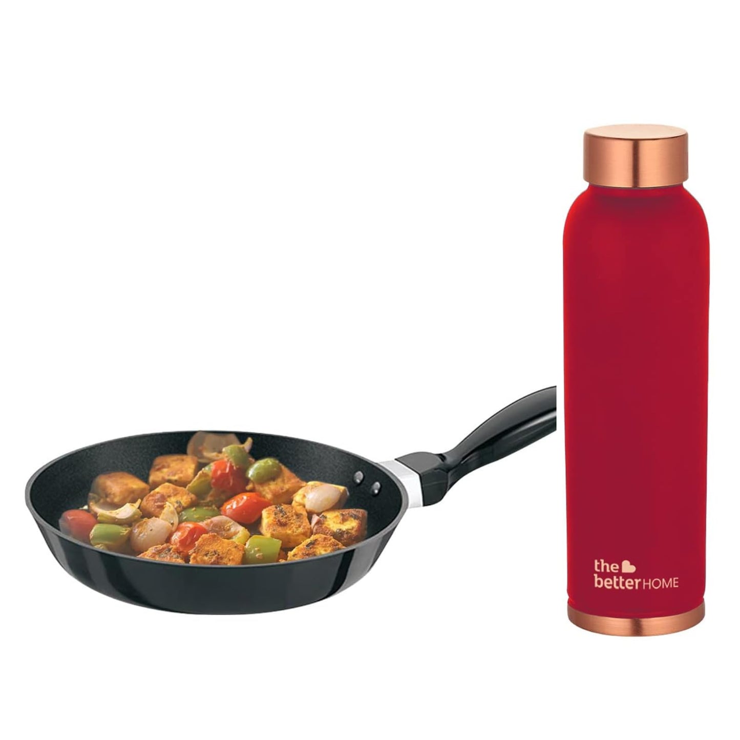 1 Litre: Copper Water Bottle - 100% Pure, Leakproof | Non Stick Fry Pan | 26 cm | Maroon | Induction Compatible