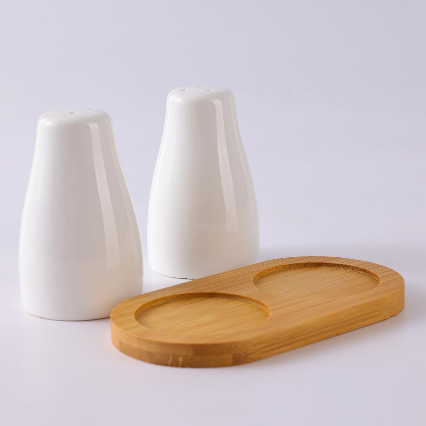 Ceramic Salt and Pepper Shakers Set with Wooden Tray | Dining Table Decorative Items | White