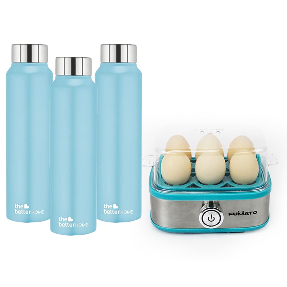 Combo: Electric Egg Boiler - 6 Egg Capacity, 210W | Includes Water Bottle | 1 Litre | Light Blue & Stainless Steel