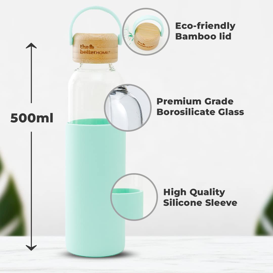 Borosilicate Glass Water Bottle with Sleeve (500ml) | Non Slip Silicon Sleeve & Bamboo Lid | Fridge Water Bottles for Men, Women & Kids | Water Bottles for Fridge | Green (Pack of 100)