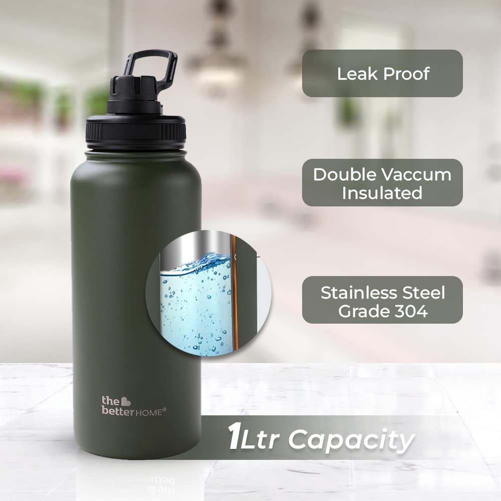 Insulated Water Bottle - Leakproof, Double Wall for Hot & Cold | 1 Litre | Army Green | Easy to Carry