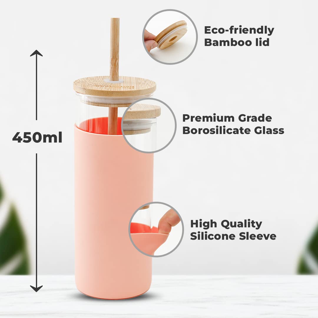 The Better Home Borosilicate Glass Tumbler with Lid and Straw 450ml | Water & Coffee Tumbler with Bamboo Straw & Lid | Leak & Sweat Proof | Durable Travel Coffee Mug with Lid (Peach)