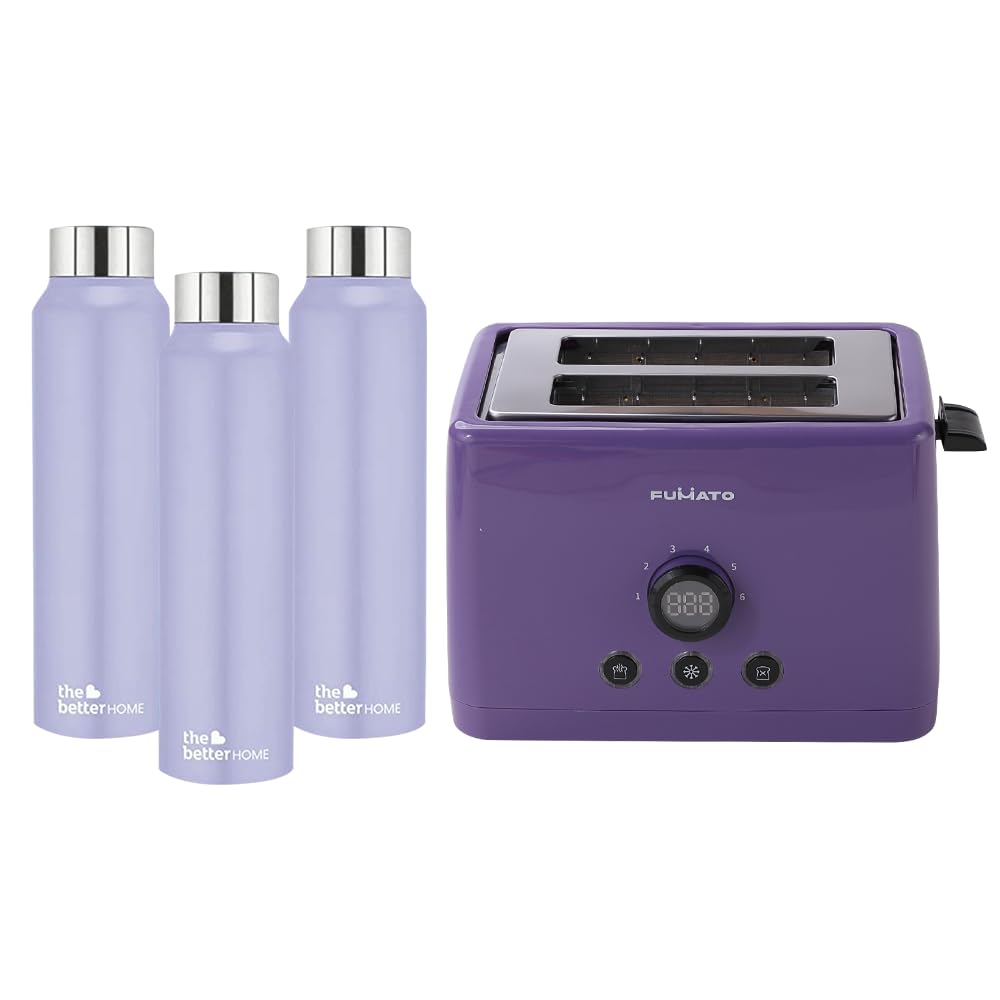 Combo: 1000 Watt 2 Slice Pop-up Toaster & Stainless Steel Water Bottle | 1 Litre | Purple | Pack of 3