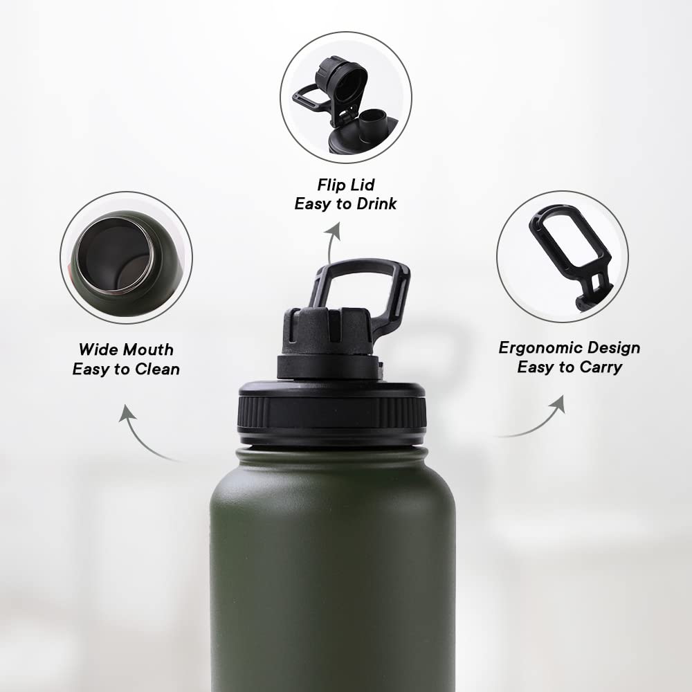 Insulated Water Bottle - Leakproof, Double Wall for Hot & Cold | 1 Litre | Army Green | Easy to Carry