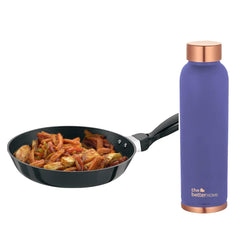 The Better Home 100% Pure Copper Water Bottle 1 Litre, Teal & Savya Home Non Stick Fry Pan, 22 cm (Stove & Induction Cookware, Easy Grip Handle) (Purple)