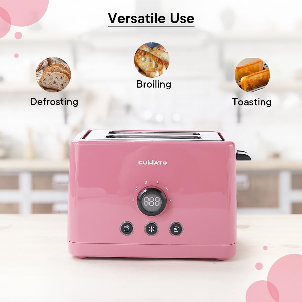 Stainless Steel 1000W 2-Slice Pop Up Toaster with 6 Heating Modes & Removable Crumb Tray | Cherry Pink