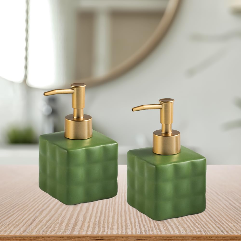 Set of 2: Ceramic Liquid Dispenser Bottles - Ideal for Shampoo, Lotion, & More | 220ml | Green