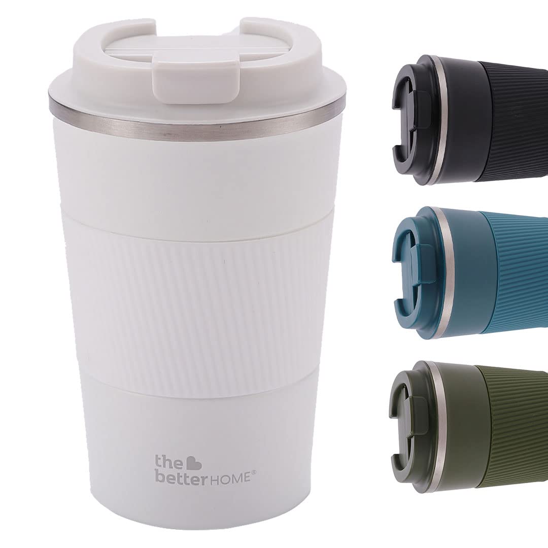 Insulated Coffee Mug with Lid and Sleeve (380ml) | Double Wall Insulated Stainless Steel Mug for Coffee & Tea | Hot and Cold Tumbler | Coffee Mug with Lid for Home & Office (White)