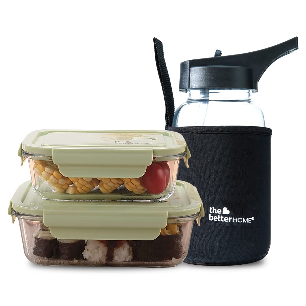 Pack of 3: Borosilicate Glass Lunch Box & Water Bottle Set | Airtight, Leakproof | 410ml, 680ml, 650ml