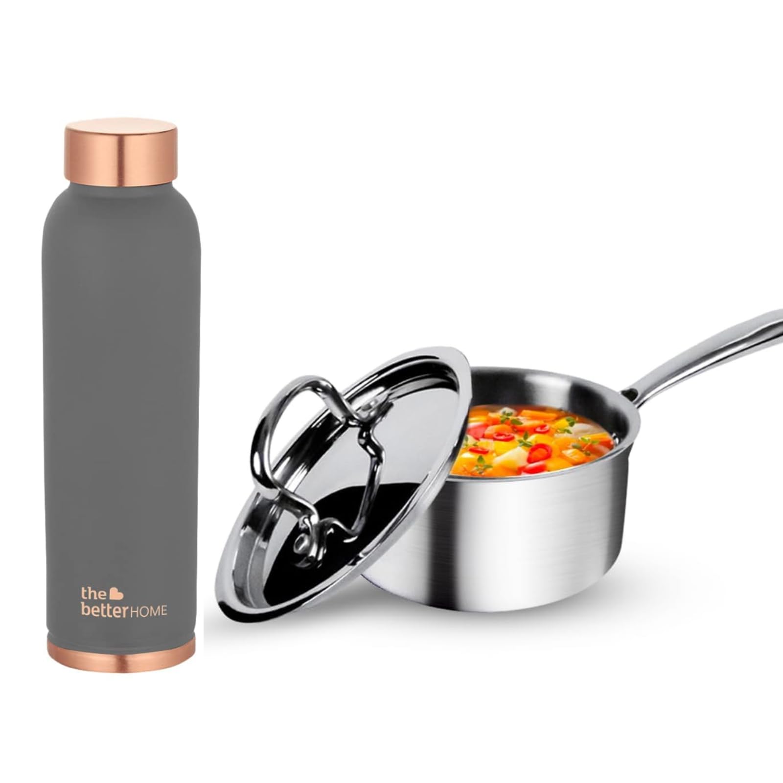 The Better Home 100% Pure Copper Water Bottle 1 Litre, Teal & Savya Home Triply Stainless Steel Saucepan with Lid, 18cm, 2.2 litres (Stove & Induction Cookware) (Grey)