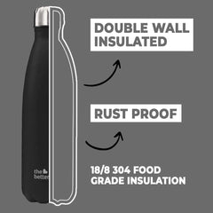 The Better Home Pack of 2 1000 ml Thermosteel Bottle | Doubled Wall 304 Stainless Steel | Stays Hot For 18 Hrs & Cold For 24 Hrs | Leakproof | Insulated Water Bottles for Office, Travel | Black