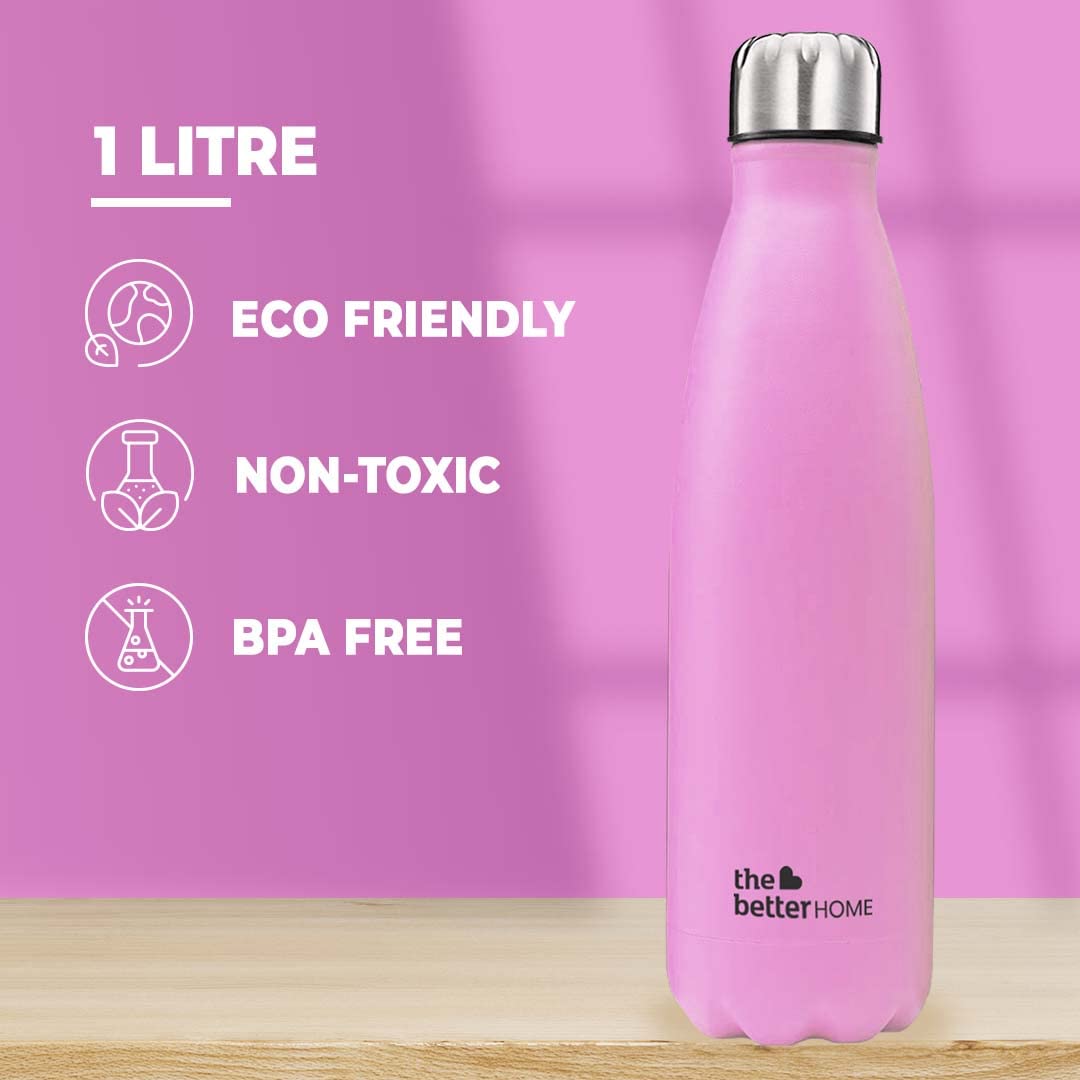 The Better Home Pack of 2 1000 ml Each Thermosteel Bottle | Doubled Wall 304 SS | Hot for 18 Hrs & Cold for 24 Hrs | Rustproof & Leakproof | Insulated Water Bottles for Office, Camping, Travel (Pink)