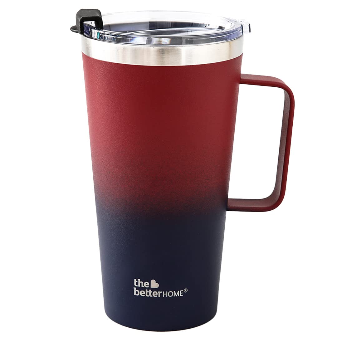 Insulated Coffee Cup Tumbler - Leakproof, Double Walled | Transparent Lid & Handle | 450ml | Maroon-Blue