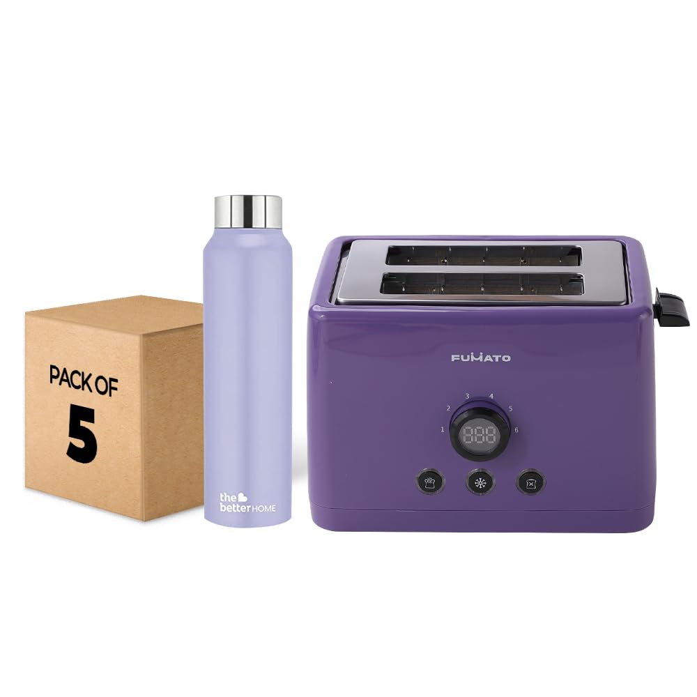 The Better Home FUMATO 1000 Watt 2 Slice Pop-up Toastmate Toaster & Stainless Steel Water Bottle 1 Litre Pack of 5 Purple