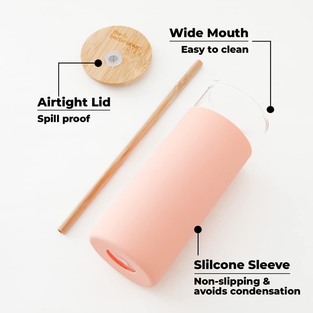 The Better Home Borosilicate Glass Tumbler with Lid and Straw 450ml | Water & Coffee Tumbler with Bamboo Straw & Lid | Leak & Sweat Proof | Durable Travel Coffee Mug with Lid (Peach)