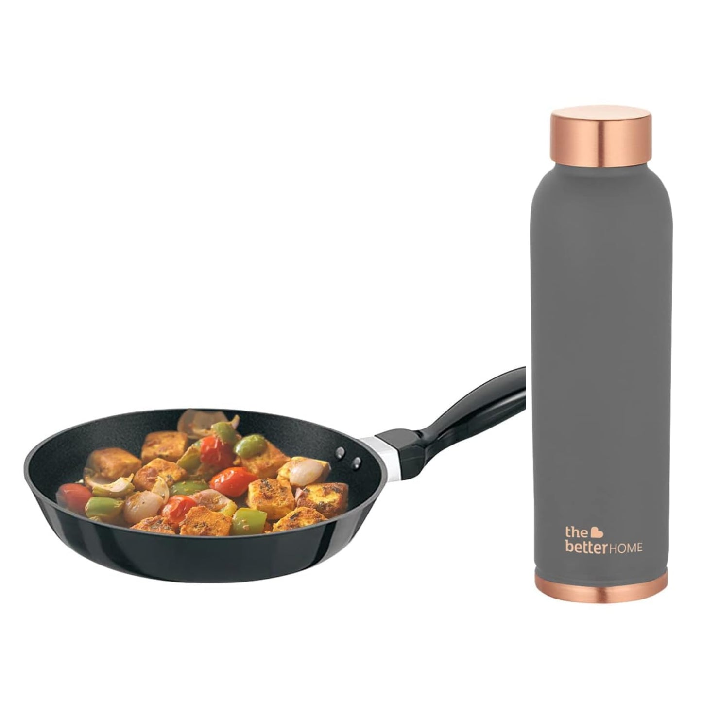 The Better Home 100% Pure Copper Water Bottle 1 Litre, Grey & Savya Home Non Stick Fry Pan, 26 cm (Stove & Induction Cookware, Easy Grip Handle)