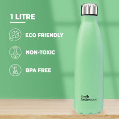 The Better Home 1000 Stainless Steel Insulated Water Bottle 1 Litre | Thermos Flask 1 Litre+ | Hot and Cold Steel Water Bottle 1 Litre | Food Grade & BPA Free Insulated Water Bottles for Kids (Green)