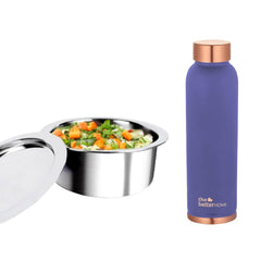 The Better Home 100% Pure Copper Water Bottle 1 Litre, Purple & Savya Home Triply Stainless Steel Tope with Lid, 16 cm (1.5 ltr)