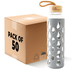 Borosilicate Glass Water Bottle with Sleeve (550ml) | Non Slip Silicon Sleeve & Bamboo Lid | Water Bottles for Fridge | Grey (Pack of 50)