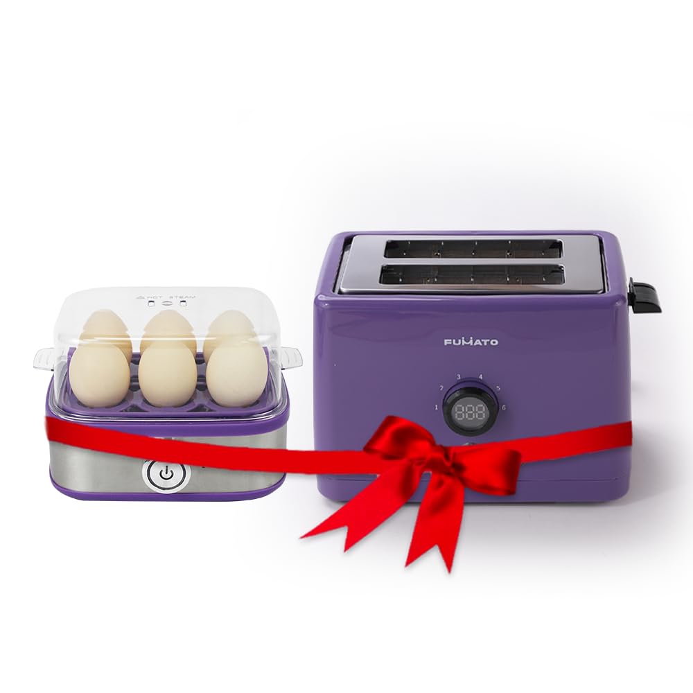 Combo: 2-Slice Toaster with Bun Rack & 2-in-1 Egg Boiler/Poacher | Housewarming Gift | Purple