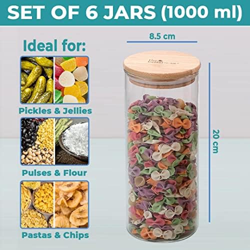 The Better Home Tall Jars 1000ml (Pack of 6) | Food Jars & Containers|Food Storage For Kitchen & SAVYA HOME 5 pcs Tope Set |Pack and Store Combo (1000ml Jars + Tope Set)